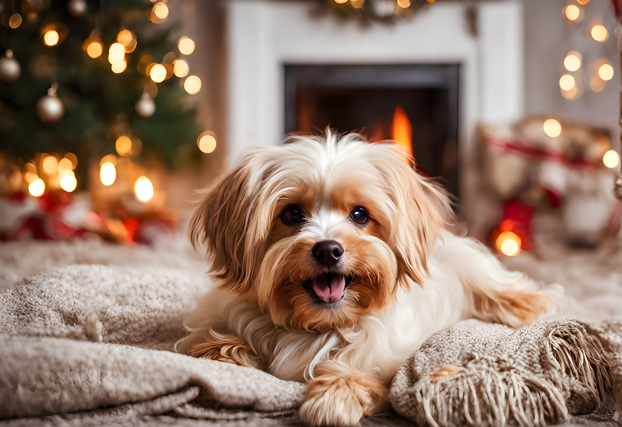 Yorkie on a blanket in front of a Christmas tree and fireplace