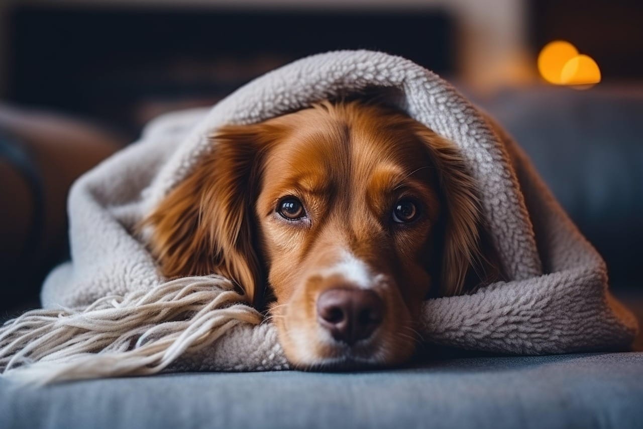 Spaniel wrapped up in a blanket