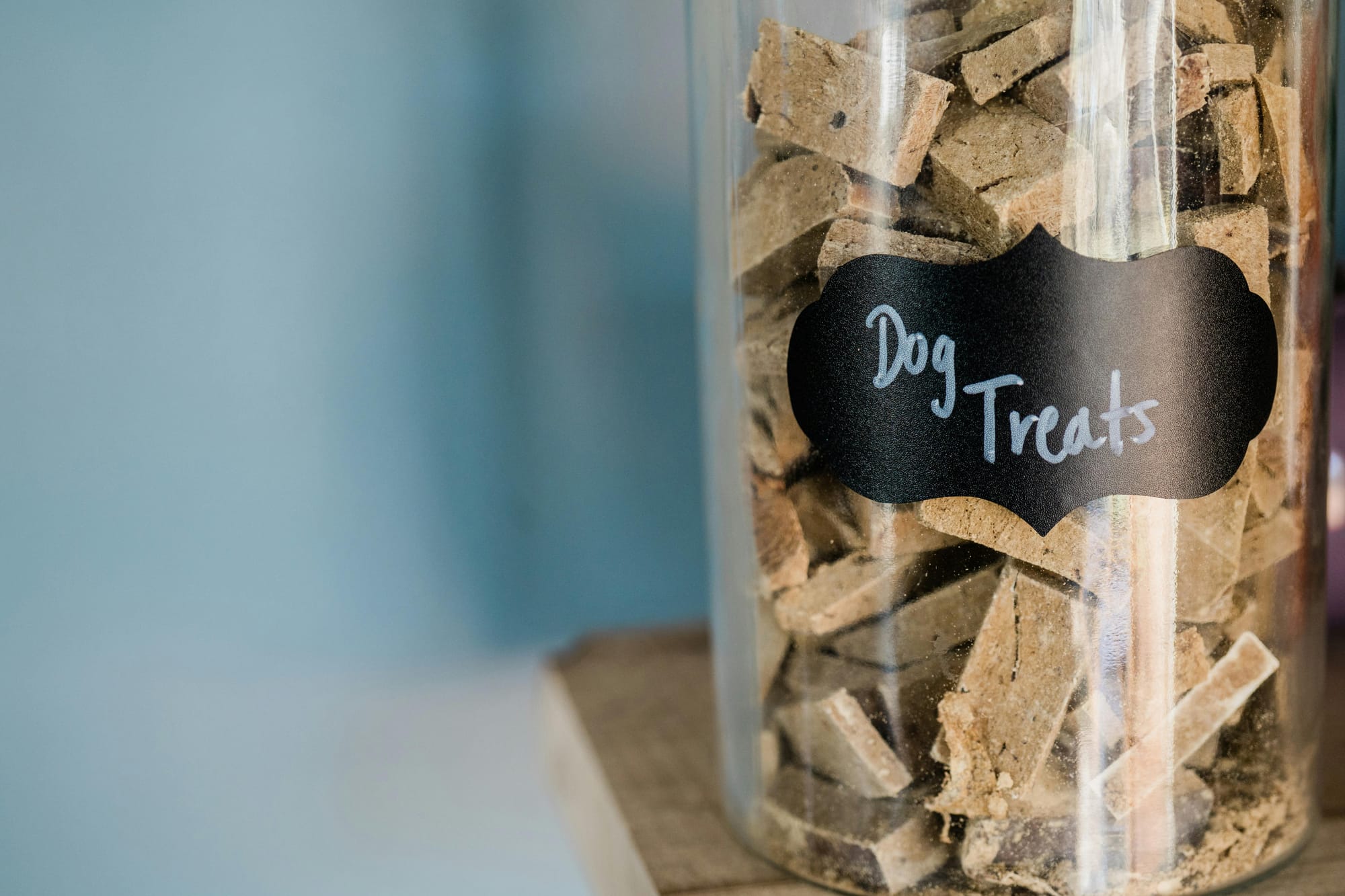 Dog treats in a canister with black label