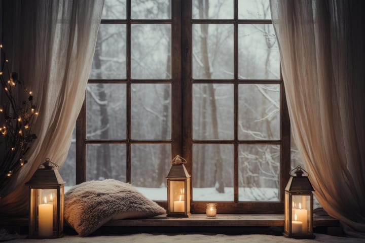 window seat with wooden windows, lamps, and a view of the snow